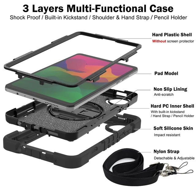Alt view image 2 of 5 - YOUULAR Tablet Case for Xiaomi Redmi Pad SE 8.7/Redmi Pad SE 4G in India, Tablet Shockproof Cover with 360 Rotating Stand and Wrist Strap, Shoulder Strap, Completely Black
