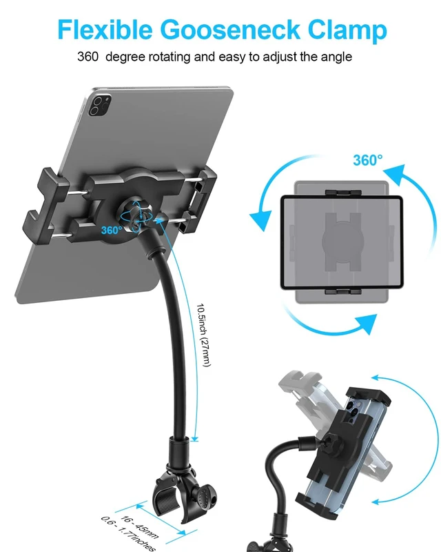 Alt view image 4 of 5 - woleyi Gooseneck Tablet Holder for Spin Bike, Peloton Tablet Mount Exercise Bike Handlebar Stand for Stationary Bicycle, Treadmill, Stroller, Elliptical for iPad Pro Air Mini, Galaxy, 4.7-13" Devices
