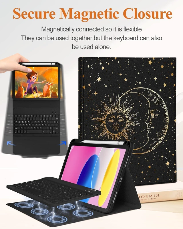 Alt view image 4 of 5 - Wazzasoft for iPad 10th Generation Case with Keyboard - for iPad A16 Cases Pencil Holder 10.9 Inch Cover Women Girls Cute Girly Sun and Moon Unique Design Funda for Apple Tablet 10th/11th gen
