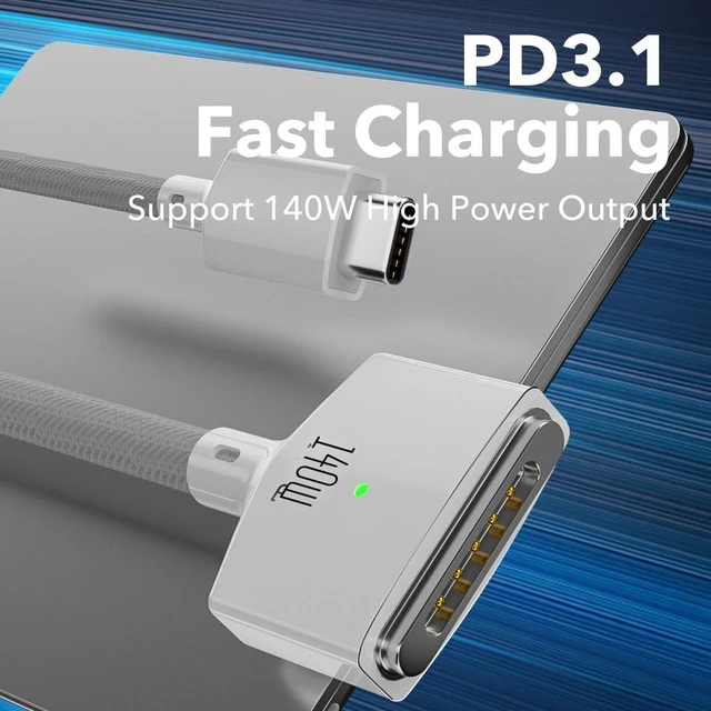 Alt view image 3 of 3 - SlimQ 140W USB-C Magnetic 3 Cable for MacBook Air & Pro, 2M, Braided, White