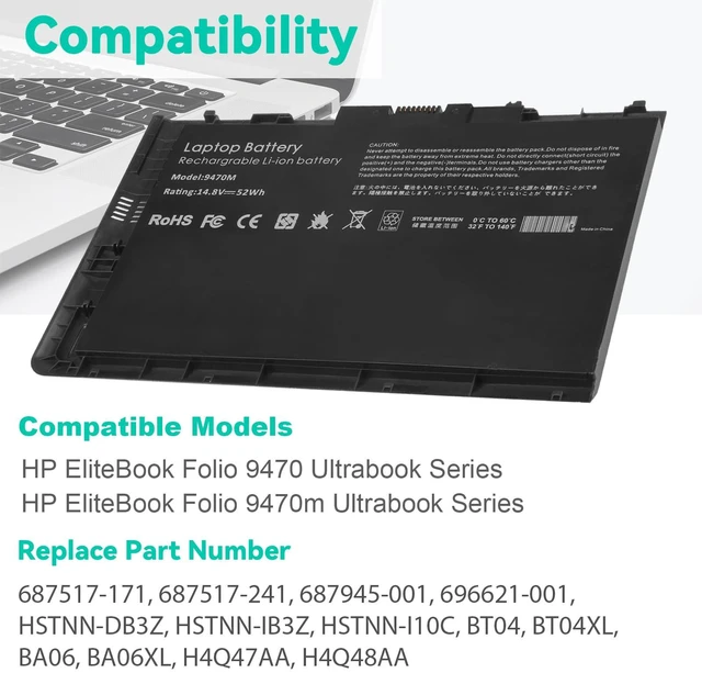 Alt view image 5 of 5 - Futurebatt BT04XL Battery Replacement for HP Elitebook Folio 9470 9470m 9480m Fit BT04 BT06 BT06XL BA06 BA06XL C8K21PA H4Q47AA 687945-001 696621-001 HSTNN-IB3Z HSTNN-DB3Z HSTNN-I10C