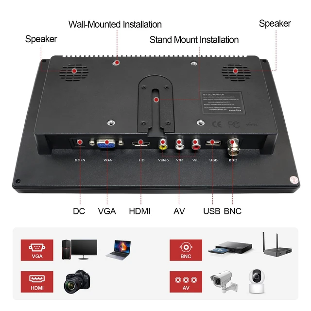 Alt view image 4 of 5 - WHOLEV Security Monitor 10.1" FHD CCTV PC Monitor with VGA HDMI BNC AV USB Input Built-in Speaker 178 Wide Angle for Raspberry Pi Game Computer