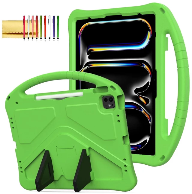 Main image of Kids Case for iPad Pro 13" M5 M4/Air 13" 2026 2025 2024, iPad Pro 12.9 2018-2022 Cover with Pencil Holder, Techcircle Lightweight Shockproof EVA Foam Handle Stand Anti-Slip Grip Rugged Case, Green