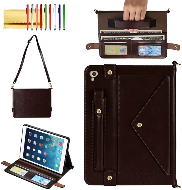 Main image of Techcircle Handbag Case for 9.7-inch iPad 2018 2017 (5th/6th Generation), iPad Air/Air 2 - Folio Stand PU Leather Crossbody Cover With Hand Strap, Pencil Holder, Wallet - Dark Brown