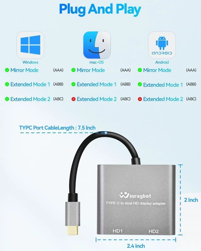 Alt view image 5 of 5 - WinRaybot USB C to Dual HDMI Adapter 4K@60Hz/Dual 4K@30Hz for Dual Monitor Adapter Compatible with Windows & Mac OS Plug & Play HDMI Splitter Extended Display for Mac/Lenovo/Dell/HP/Surface/T