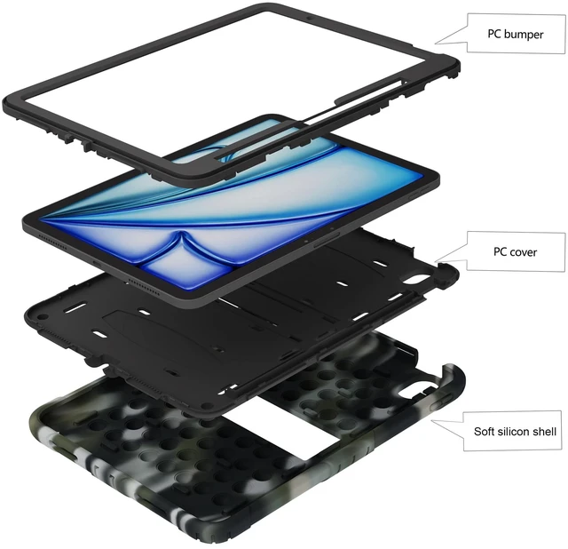 Alt view image 2 of 5 - XZC for iPad Air 11 Inch Case 7th/6th Generation (M3/M2) 2025/2024, Heavy Duty Shockproof Protective Cover with Pencil Holder and Shoulder Strap (Camouflage)
