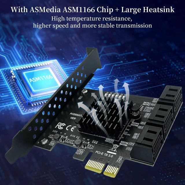 Alt view image 2 of 5 - PCIe X1 SATA III Card 6 Ports ASM1166 Chip 6Gbps Controller Card