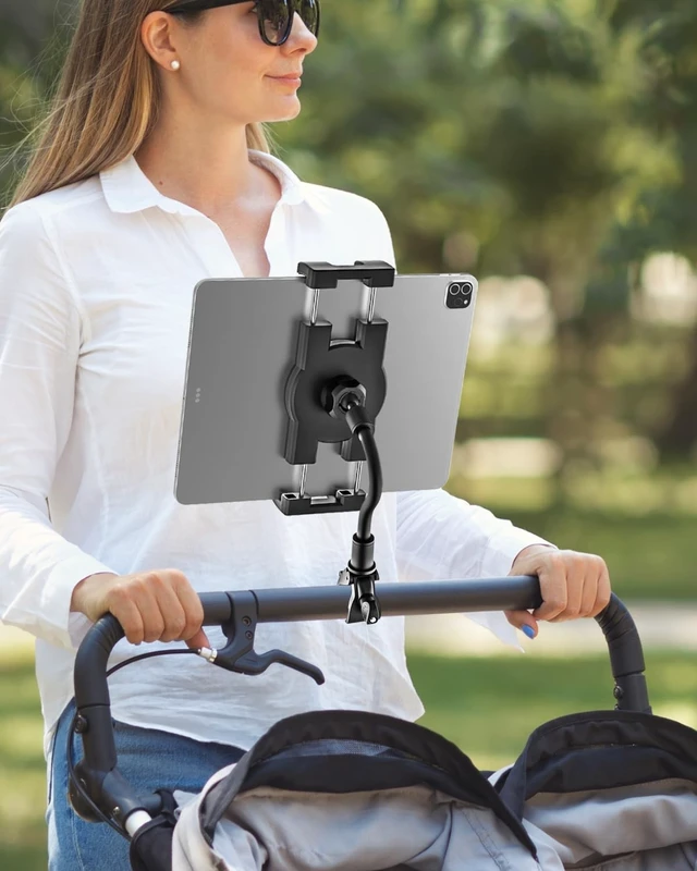 Alt view image 2 of 5 - Gooseneck iPad Holder for Stroller, Adjustable Phone Tablet Holder Mount Pole Clamp for Baby Stroller, Shopping Cart, Indoor Cycling, Fit for iPad Pro/Mini/Air, iPhones, Galaxy Tab, 4.7-13" Devices
