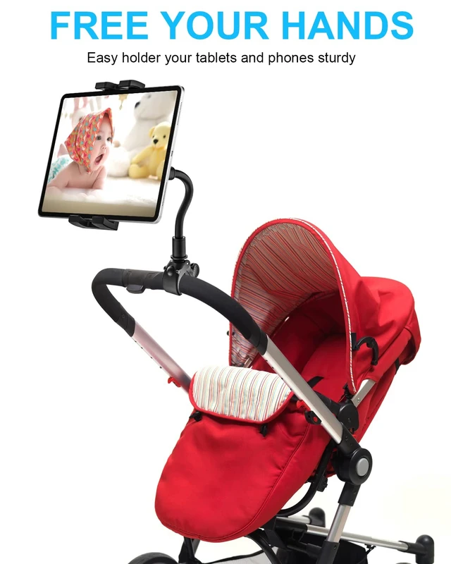 Alt view image 3 of 5 - Gooseneck iPad Holder for Stroller, Adjustable Phone Tablet Holder Mount Pole Clamp for Baby Stroller, Shopping Cart, Indoor Cycling, Fit for iPad Pro/Mini/Air, iPhones, Galaxy Tab, 4.7-13" Devices