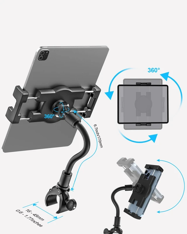 Alt view image 4 of 5 - Gooseneck iPad Holder for Stroller, Adjustable Phone Tablet Holder Mount Pole Clamp for Baby Stroller, Shopping Cart, Indoor Cycling, Fit for iPad Pro/Mini/Air, iPhones, Galaxy Tab, 4.7-13" Devices