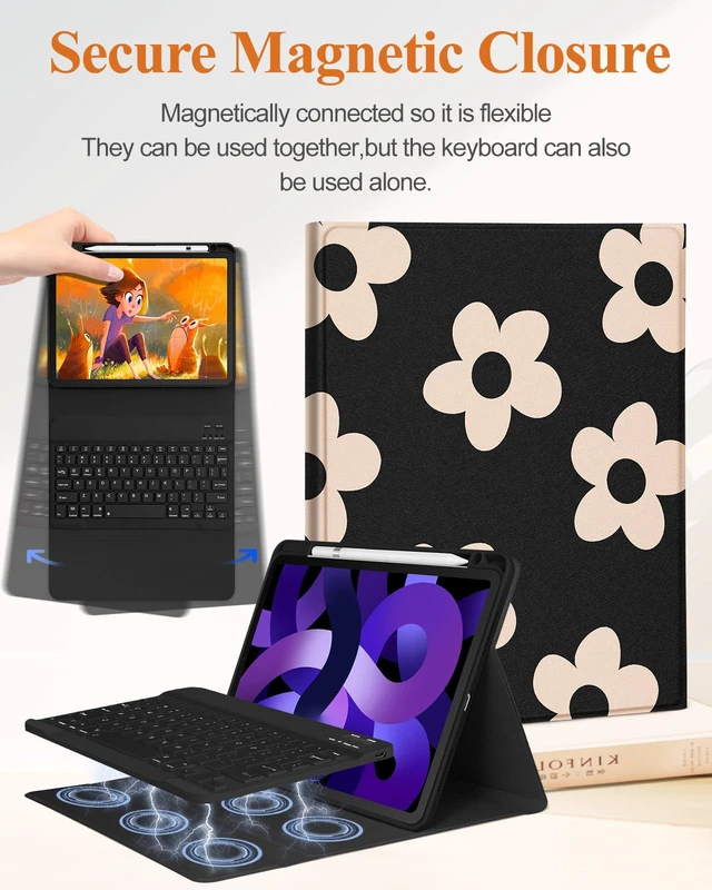 Alt view image 4 of 5 - Wazzasoft for iPad Air 11 inch case with Keyboard M3/M2, Air 5th/4th Generation 10.9'', Pro 11 Case with Pencil Holder Folio Women Girl Cute Kawaii for Apple Tablet Cover Air 11 M3/M3, Black Flower