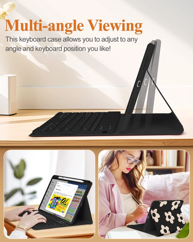 Alt view image 5 of 5 - Wazzasoft for iPad Air 11 inch case with Keyboard M3/M2, Air 5th/4th Generation 10.9'', Pro 11 Case with Pencil Holder Folio Women Girl Cute Kawaii for Apple Tablet Cover Air 11 M3/M3, Black Flower
