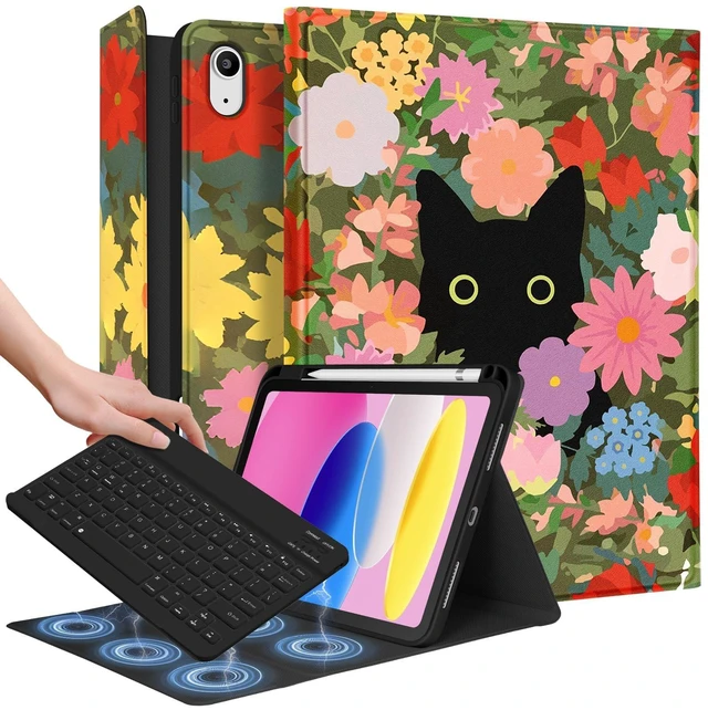 Main image of Wazzasoft for iPad 10th Generation Case with Keyboard - for iPad A16 Cases Pencil Holder 10.9 Inch Cover Women Girl Cute Girly Cat Flower Unique Design Funda for Apple Tablet 10th/11th gen