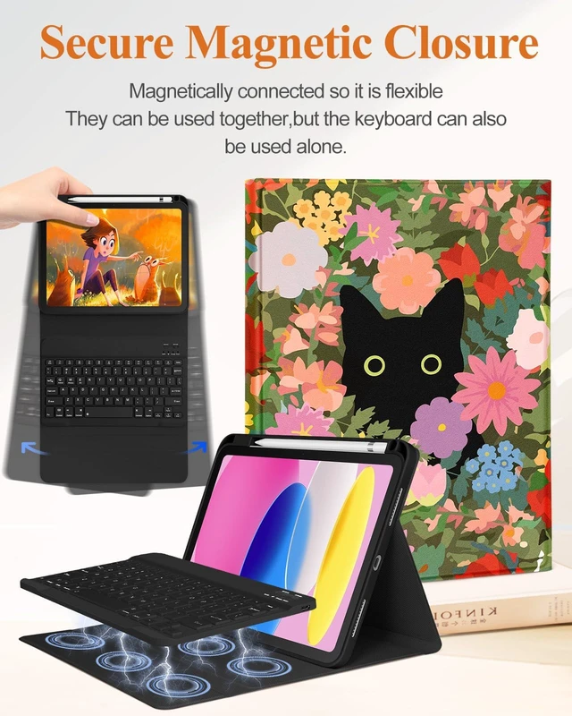 Alt view image 4 of 5 - Wazzasoft for iPad 10th Generation Case with Keyboard - for iPad A16 Cases Pencil Holder 10.9 Inch Cover Women Girl Cute Girly Cat Flower Unique Design Funda for Apple Tablet 10th/11th gen