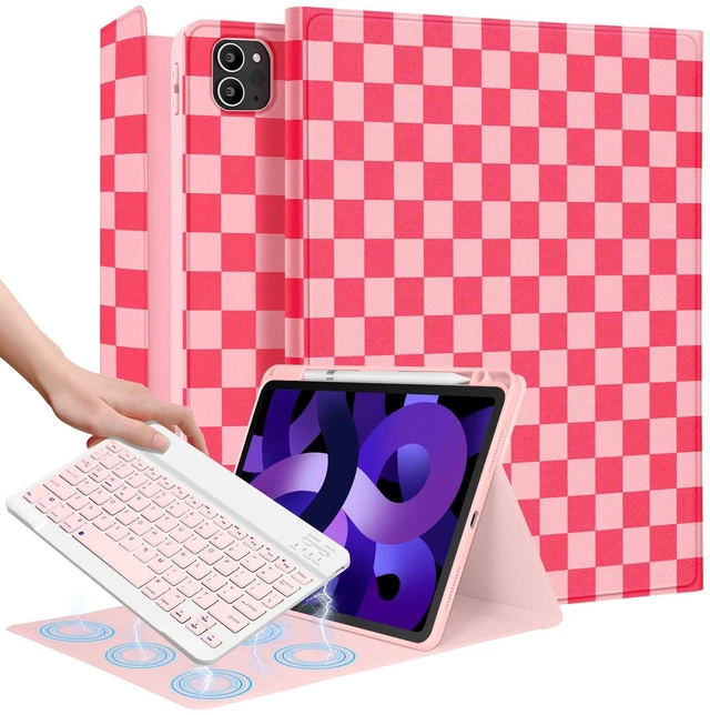 Main image of Wazzasoft for iPad Air 11 inch case with Keyboard M3/M2, Air 5th/4th Generation 10.9'', Pro 11 Case with Pencil Holder Folio Women Girl Cute Kawaii for Apple Tablet Cover Air 11 M3/M3, Pink Checkered