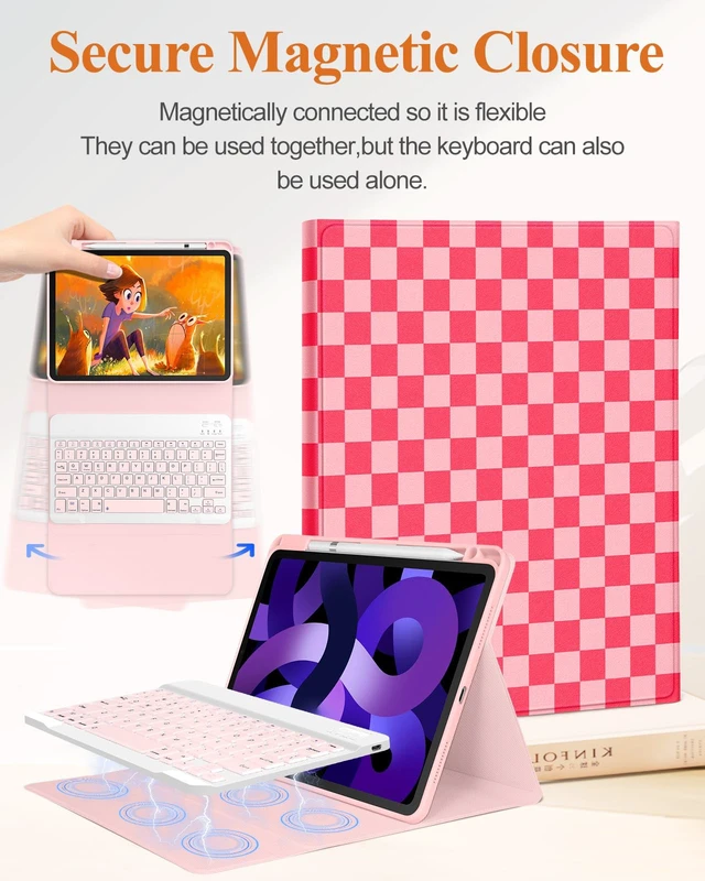 Alt view image 4 of 5 - Wazzasoft for iPad Air 11 inch case with Keyboard M3/M2, Air 5th/4th Generation 10.9'', Pro 11 Case with Pencil Holder Folio Women Girl Cute Kawaii for Apple Tablet Cover Air 11 M3/M3, Pink Checkered