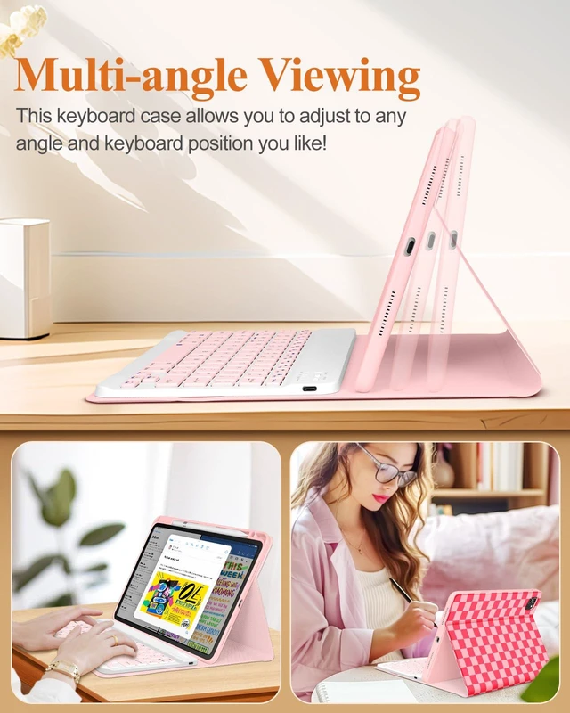 Alt view image 5 of 5 - Wazzasoft for iPad Air 11 inch case with Keyboard M3/M2, Air 5th/4th Generation 10.9'', Pro 11 Case with Pencil Holder Folio Women Girl Cute Kawaii for Apple Tablet Cover Air 11 M3/M3, Pink Checkered