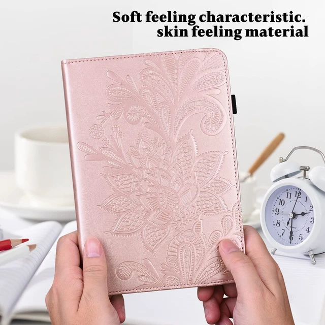 Alt view image 5 of 5 - VODEFOX Kindle Fire HD 8 8th/7th/6th Generation Case 2016/2017/2018,Embossed Lace Flower Pattern PU Leather Folio Wallet Shockproof Cover with Pen Holder Elastic Band - Golden