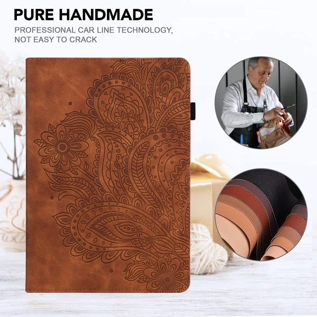 Alt view image 4 of 5 - VODEFOX for Kindle Fire HD 10 Case 9th/7th/5th Generation 10.1 Inch (2019/2017/2015),Embossed Flower Pattern PU Leather Folio Wallet Shockproof Cover with Pencil Holder Elastic Band 10.1" - Brown