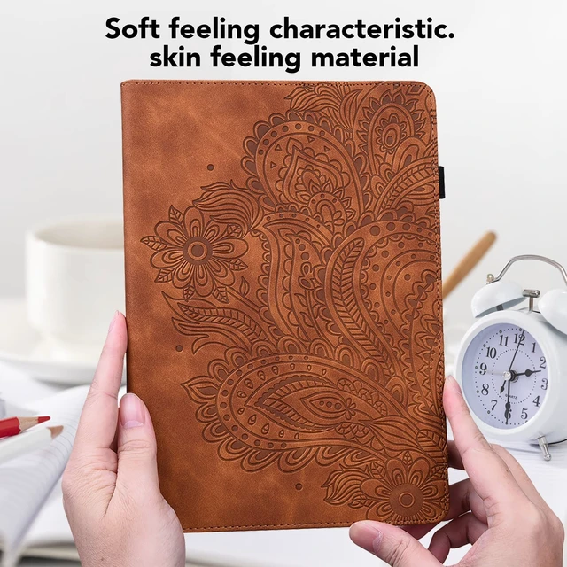 Alt view image 5 of 5 - VODEFOX for Kindle Fire HD 10 Case 9th/7th/5th Generation 10.1 Inch (2019/2017/2015),Embossed Flower Pattern PU Leather Folio Wallet Shockproof Cover with Pencil Holder Elastic Band 10.1" - Brown