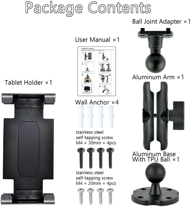 Alt view image 4 of 5 - VAUBORTTI Aluminum Arm Heavy Duty Tablet Mount Drill Base - for 6.5"-12.9" Tablet iPad Pro/Mini, iPad Holder for Truck, Car,Dashboard,Desk,Wall-Swivel with 1 inch/25mm Ball Joint