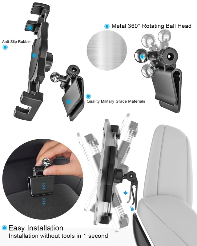 Alt view image 2 of 5 - woleyi for Tesla Model Y Model 3 Headrest Tablet Holder - 2026 Tesla Tablet Mount for Back Seat, Gifts Road Trip Essentials for Kids, for 4-13" Devices, iPad Pro Air Mini, Galaxy Tabs, Fire HD, Switch