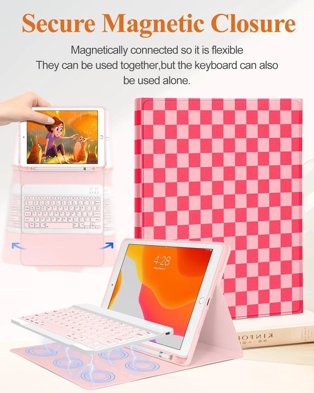 Alt view image 4 of 5 - Wazzasoft for iPad 9th/8th/7th/Air 3rd Generation/Pro 10.5 Inch Case Keyboard Pencil Holder Folio Tablet Cover Women Girl Cute Girly Teen Checkered Plaid Unique Design for Apple 10.2 & 10.5 Inch