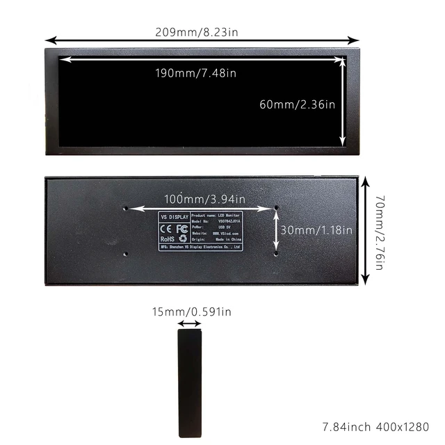 Alt view image 5 of 5 - VSDISPLAY 7.84'' 1280x400 IPS Mini Monitor Stretched Bar LCD Display,Black