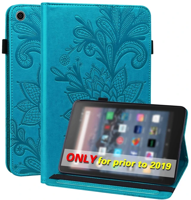 Main image of VODEFOX Kindle Fire HD 8 8th/7th/6th Generation Case 2016/2017/2018,Embossed Lace Flower Pattern PU Leather Folio Wallet Shockproof Cover with Pen Holder Elastic Band - Blue