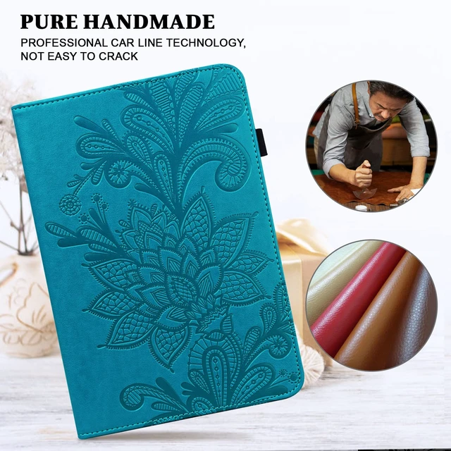 Alt view image 5 of 5 - VODEFOX Kindle Fire HD 8 8th/7th/6th Generation Case 2016/2017/2018,Embossed Lace Flower Pattern PU Leather Folio Wallet Shockproof Cover with Pen Holder Elastic Band - Blue