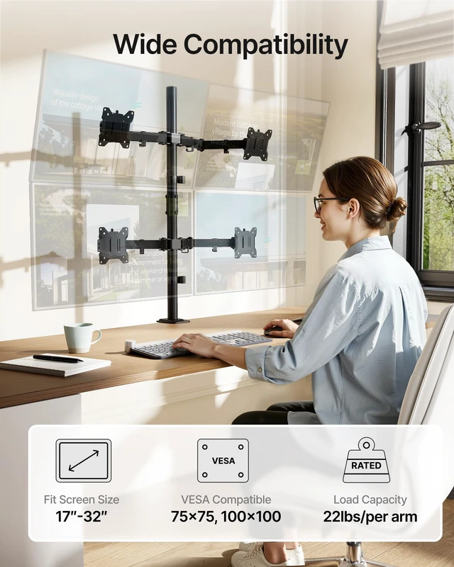 Alt view image 2 of 5 - monTEK Quad Monitor Stand for Four 17-32" Screens, 22 lbs Each