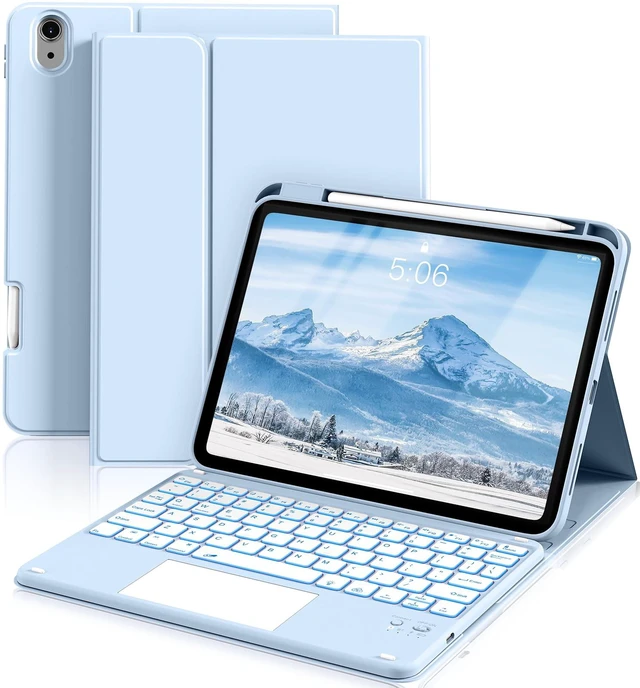 Main image of ZKTUYU for iPad (A16) 11th 10th Generation Case with Keyboard, 7-Colors Backlit, Folio Cover with Pencil Holder, Multi-Touch Trackpad, Detachable Keyboard for iPad 11/10.9-inch 2025/2022 (Sky Blue)