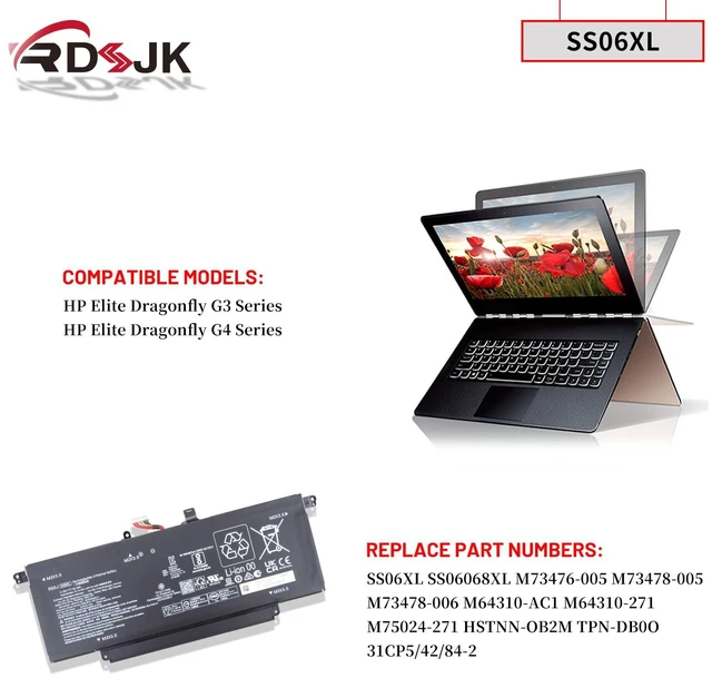 Alt view image 3 of 5 - RDSJ SS06XL Laptop Battery for HP Elite Dragonfly G3 G4 Series SS06068XL M73476-005 M73478-005 M73478-006 M64310-AC1 M64310-271 M75024-271 HSTNN-OB2M TPN-DB0O 11.58V 68.4Wh 5673mAh