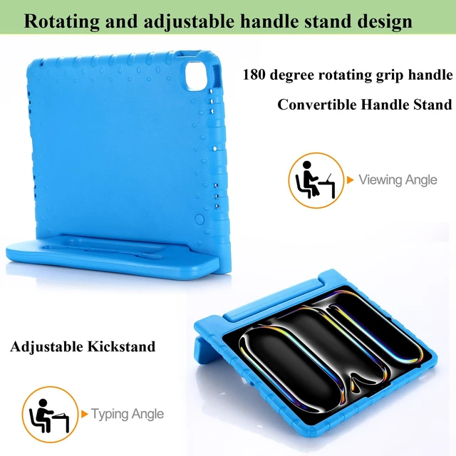 Alt view image 5 of 5 - UUcovers Kids Case for iPad Pro 13 inch M5/M4 (2025/2024) with Pencil Holder/Convertible Handle Stand Shockproof Slim Lightweight Cute Soft EVA Heavy Duty Rugged Kickstand Cover for Children, Blue