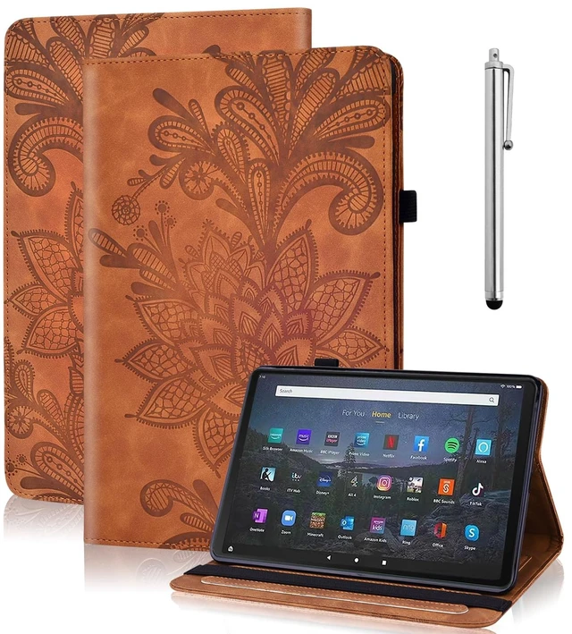 Main image of TUOLISG for Kindle Fire Max 11 Case - Embossed Lace PU Leather Flip Folio Tablet Case with Elastic Band & Card Slots/Holder, Multi-Angle Viewing Stand Cover, Brown