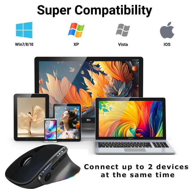 Alt view image 4 of 5 - Ergonomic Mouse Jiggler, Large Middle Hands Dual Mode(Bluetooth+USB)Rechargeable Vertical Carpal Tunnel Bluetooth Wireless Mouse for PC/Laptop/Computer/Desktop/Tablet/ipad/Macbook Office Work G