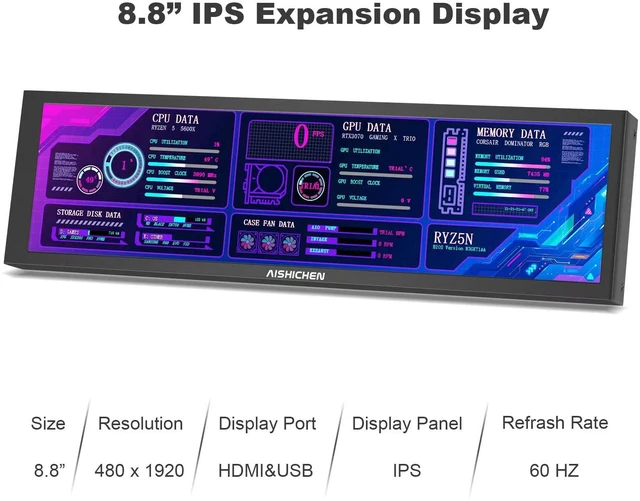 Alt view image 3 of 5 - AISHICHEN 8.8 Inch LCD Display, Mini Monitor 1920x480 60Hz IPS Stretched Bar Monitor, PC Sensor Panel, AIDA64 Computer Temperature Secondary Screen with Mini HDMI & Adjustable Brightness