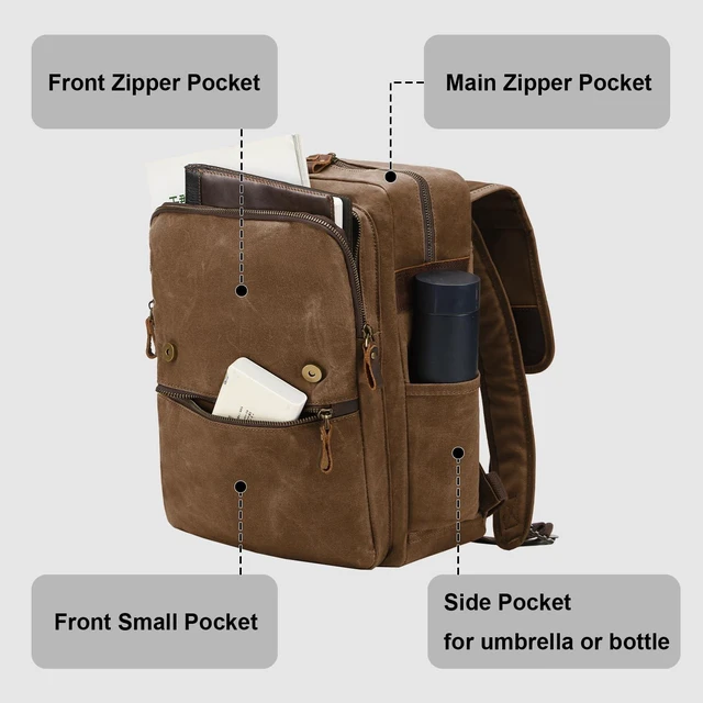 Alt view image 3 of 5 - NEHOR Waxed Canvas Vintage Backpack for Men Women, Coffee