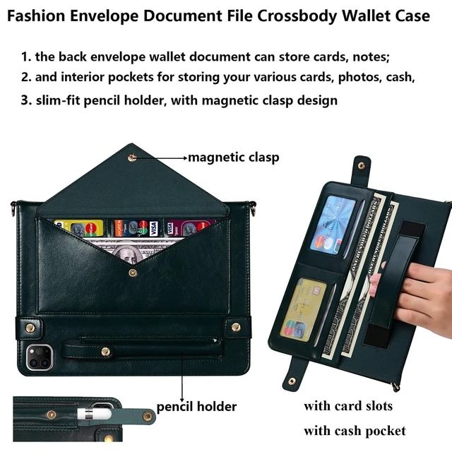 Alt view image 3 of 5 - UUcovers Crossbody Handbag Case for iPad Pro 11 inch M4 2024 (Model: A2836 A2837 A3006) with Pencil Holder/Shoulder Strap/Hand Strap/Pockets Stand PU Leather Carrying Magnetic Wallet Cover,Dark Green