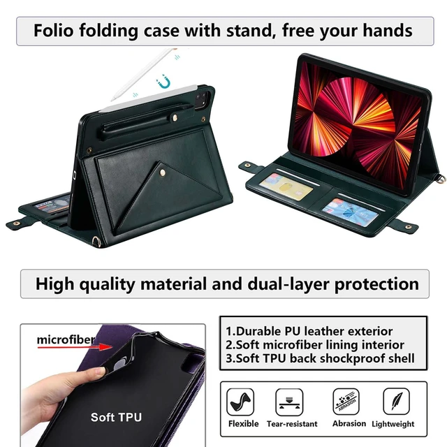 Alt view image 4 of 5 - UUcovers Crossbody Handbag Case for iPad Pro 11 inch M4 2024 (Model: A2836 A2837 A3006) with Pencil Holder/Shoulder Strap/Hand Strap/Pockets Stand PU Leather Carrying Magnetic Wallet Cover,Dark Green