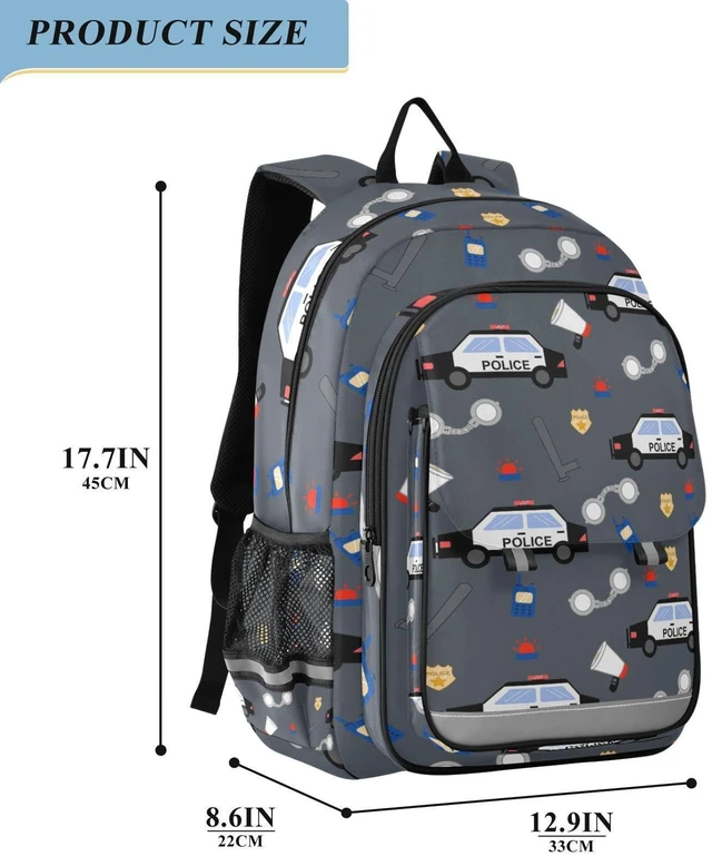 Alt view image 2 of 5 - Glaphy Police Car Pattern Backpack School Bag Lightweight Laptop Backpack Student Travel Daypack with Reflective Stripes