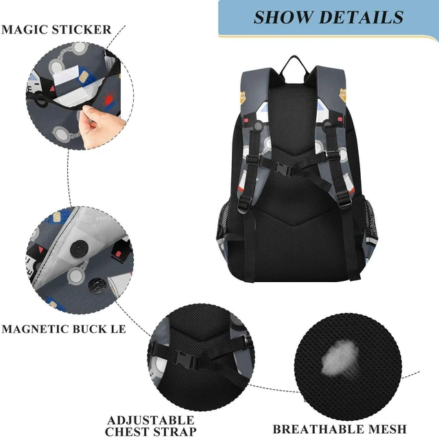 Alt view image 3 of 5 - Glaphy Police Car Pattern Backpack School Bag Lightweight Laptop Backpack Student Travel Daypack with Reflective Stripes