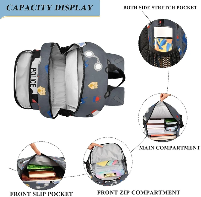 Alt view image 4 of 5 - Glaphy Police Car Pattern Backpack School Bag Lightweight Laptop Backpack Student Travel Daypack with Reflective Stripes