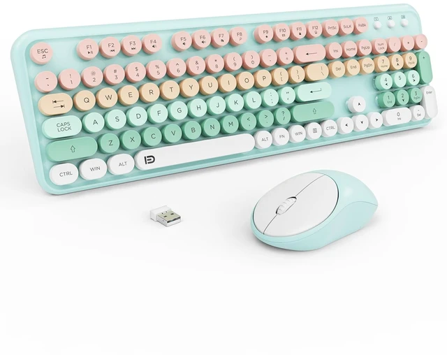 Main image of Wireless Keyboards Mouse Combos, Colorful Cute Typewriter Full-Size Retro Round Keycaps, 2.4GHz Cordless Sleep Mode Office Quiet Wireless Keyboard and Mouse Set for Desktop Laptop PC Com