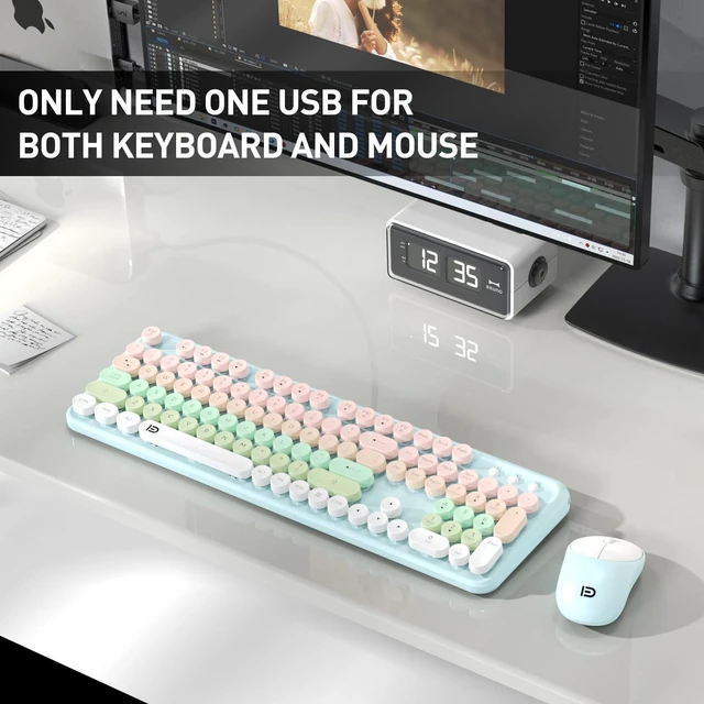 Alt view image 4 of 5 - Wireless Keyboards Mouse Combos, Colorful Cute Typewriter Full-Size Retro Round Keycaps, 2.4GHz Cordless Sleep Mode Office Quiet Wireless Keyboard and Mouse Set for Desktop Laptop PC Com