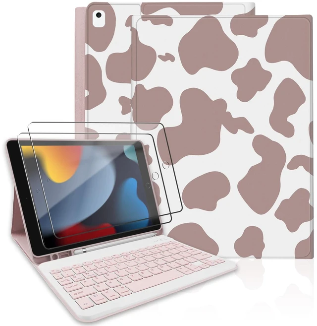 Main image of TopPerfekt for iPad 9th Generation Keyboard Case 10.2" 2021, Magnetically Absorbent, Auto Sleep/Wake, Pencil Holder with 2 Tempered Film for iPad 8th/7th Gen 10.2" - Brown Cow
