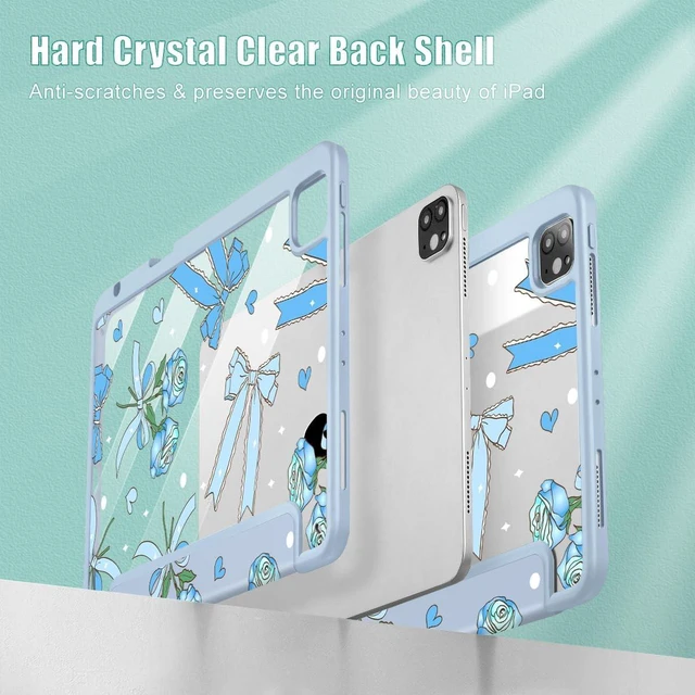 Alt view image 4 of 5 - Tuiklol for iPad Pro 12.9 Inch 6th/5th/4th/3rd Generation 2022 2021 2020 2018 Case,Built-in Pencil Holder Clear Transparent Protective Back Shell Cover with Auto Sleep/Wake, Bow & Rose Blue