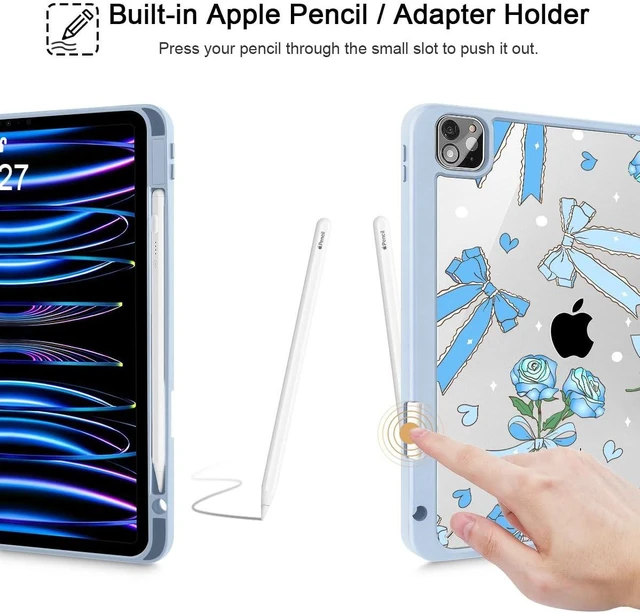 Alt view image 5 of 5 - Tuiklol for iPad Pro 12.9 Inch 6th/5th/4th/3rd Generation 2022 2021 2020 2018 Case,Built-in Pencil Holder Clear Transparent Protective Back Shell Cover with Auto Sleep/Wake, Bow & Rose Blue