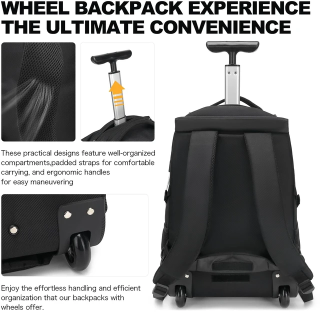 Alt view image 5 of 5 - Boavan Rolling Backpack,17 inch Water Resistant Wheeled Backpack,Carry on Luggage Business Bag, Overnight College Computer Trolley Suitcase for Men Women Adults to TravelBlack