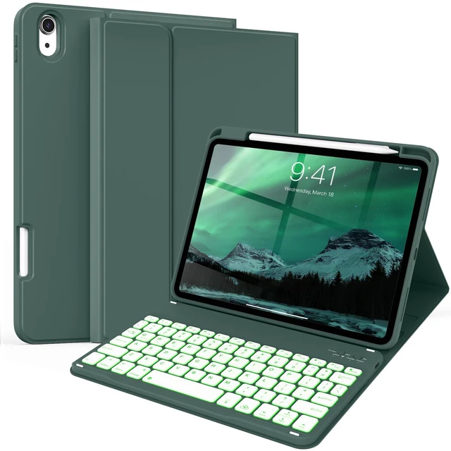 Main image of kenke for iPad 11/10th Gen Case with Keyboard 11/10.9 inch 2025 A16/2022, Detachable Wireless Bluetooth Keyboard Case with Right Side Pencil Holder, Backlit White Square Keycaps (Dark Green